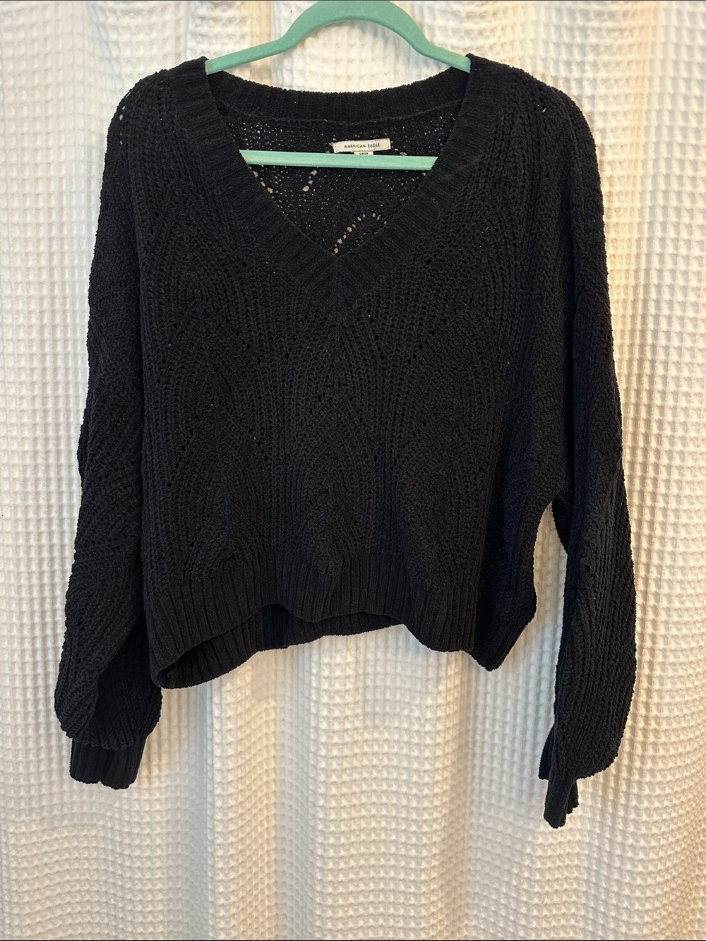 American Eagle Outfitters Black V-Neck Textured Knit Sweater